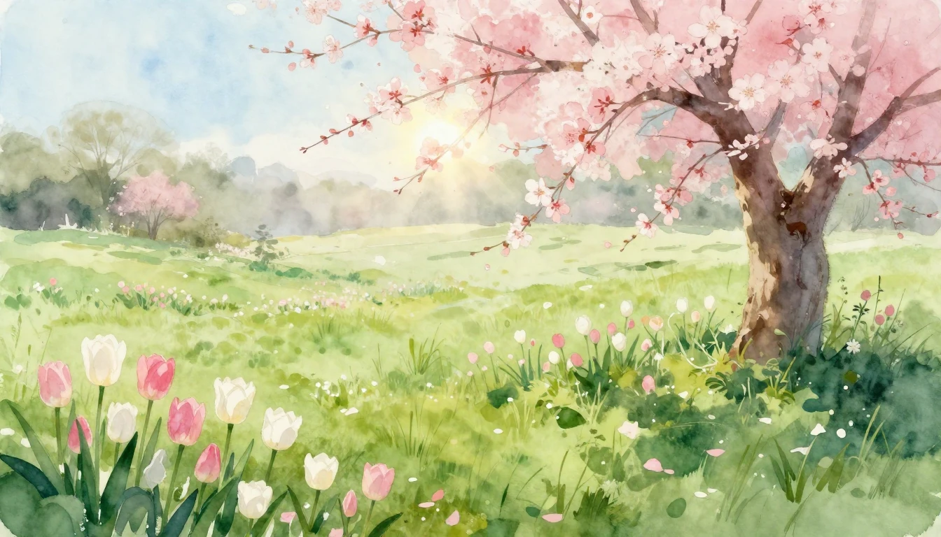 A beautiful watercolor painting of a lush landscape in early...