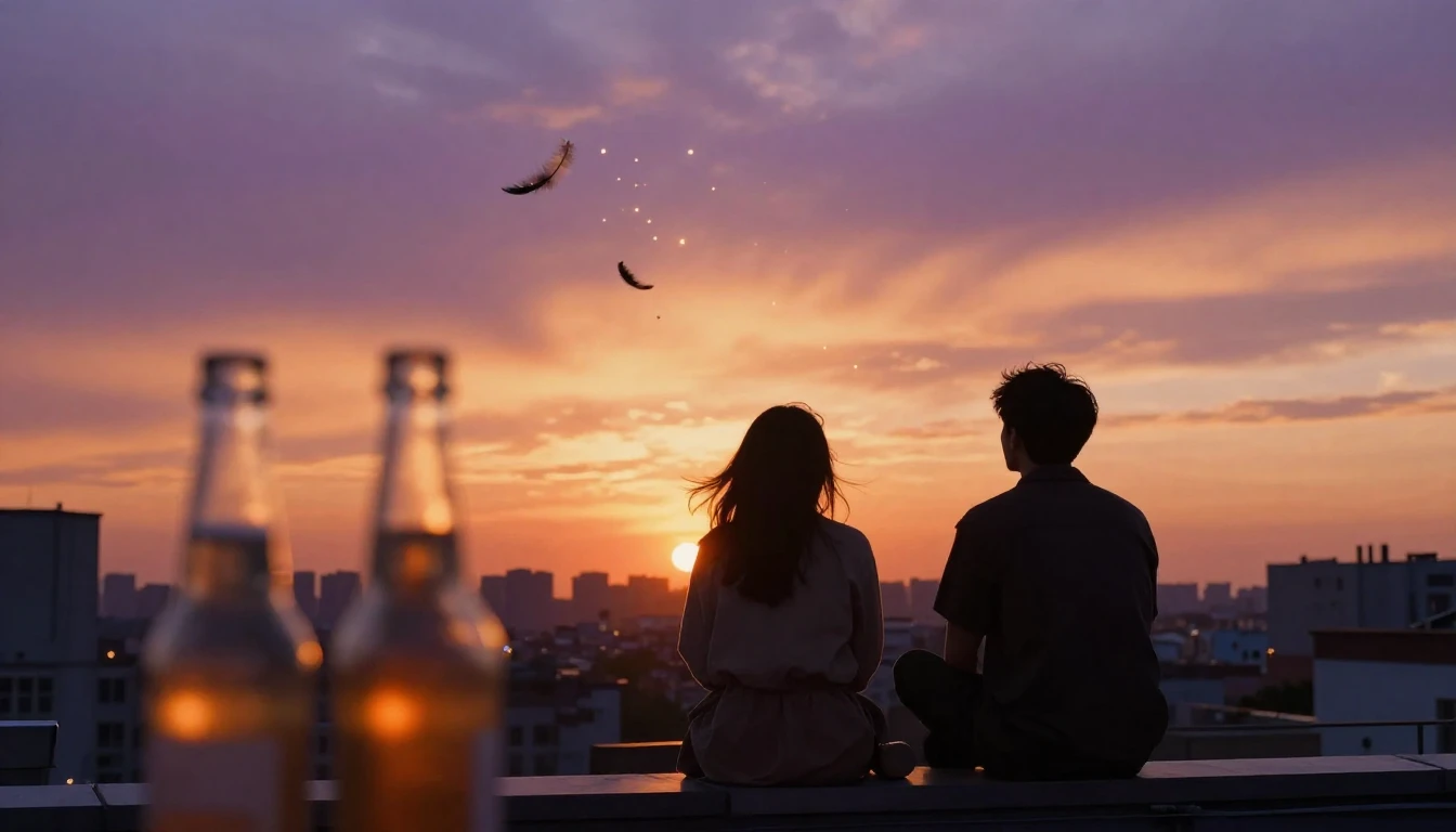 A warm and nostalgic scene depicting two silhouettes of frie...