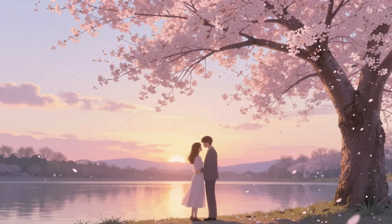 A dreamlike scene featuring two delicate silhouettes of a co...