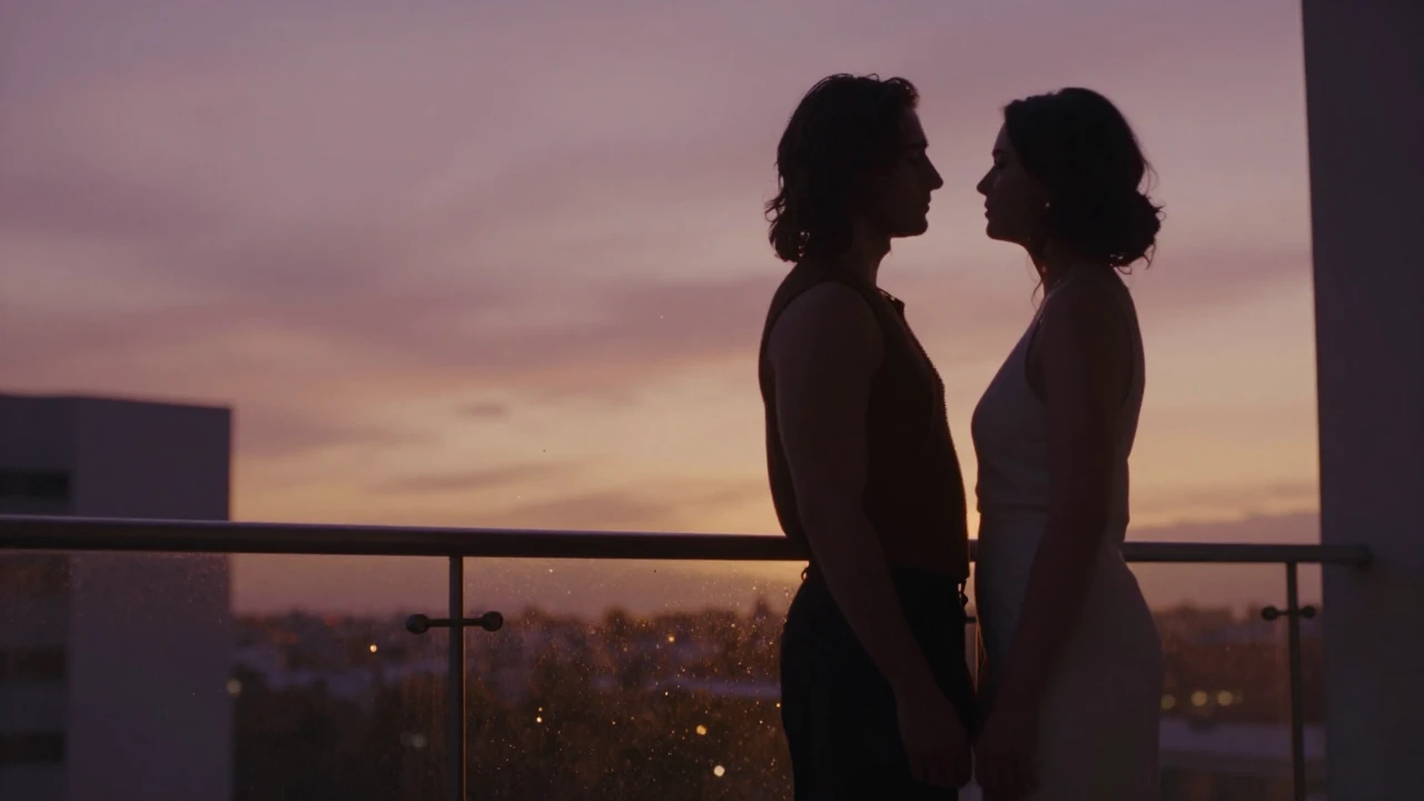 A warm and intimate romantic scene at golden hour. Two elega...