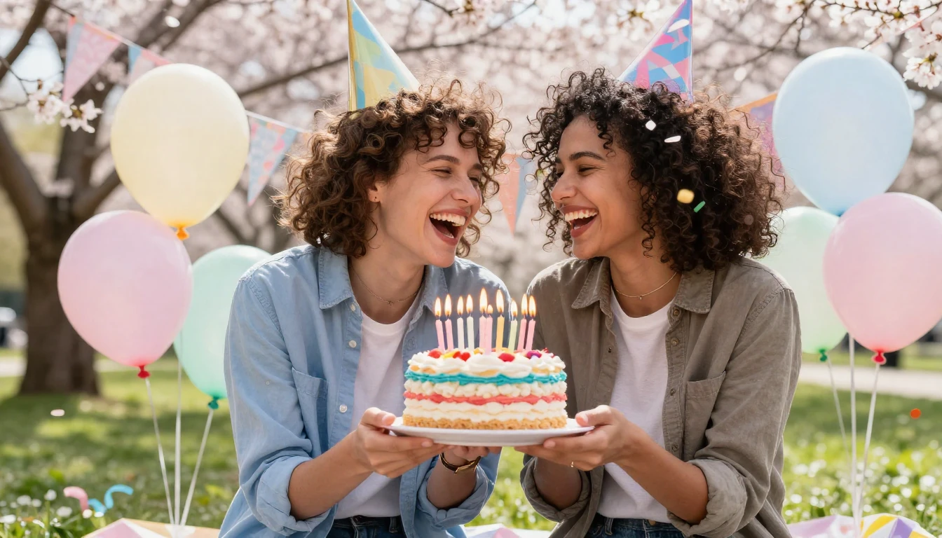 Two close friends laughing together at an outdoor birthday p...