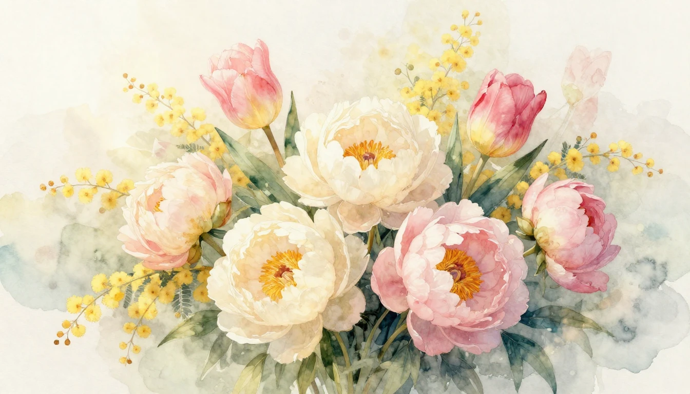A delicate watercolor painting of a lush spring bouquet feat...