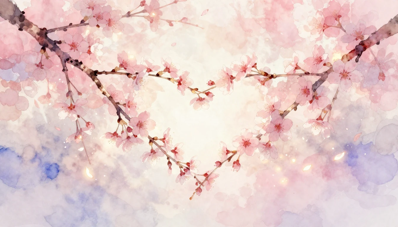 A soft and ethereal watercolor painting of two delicate cher...