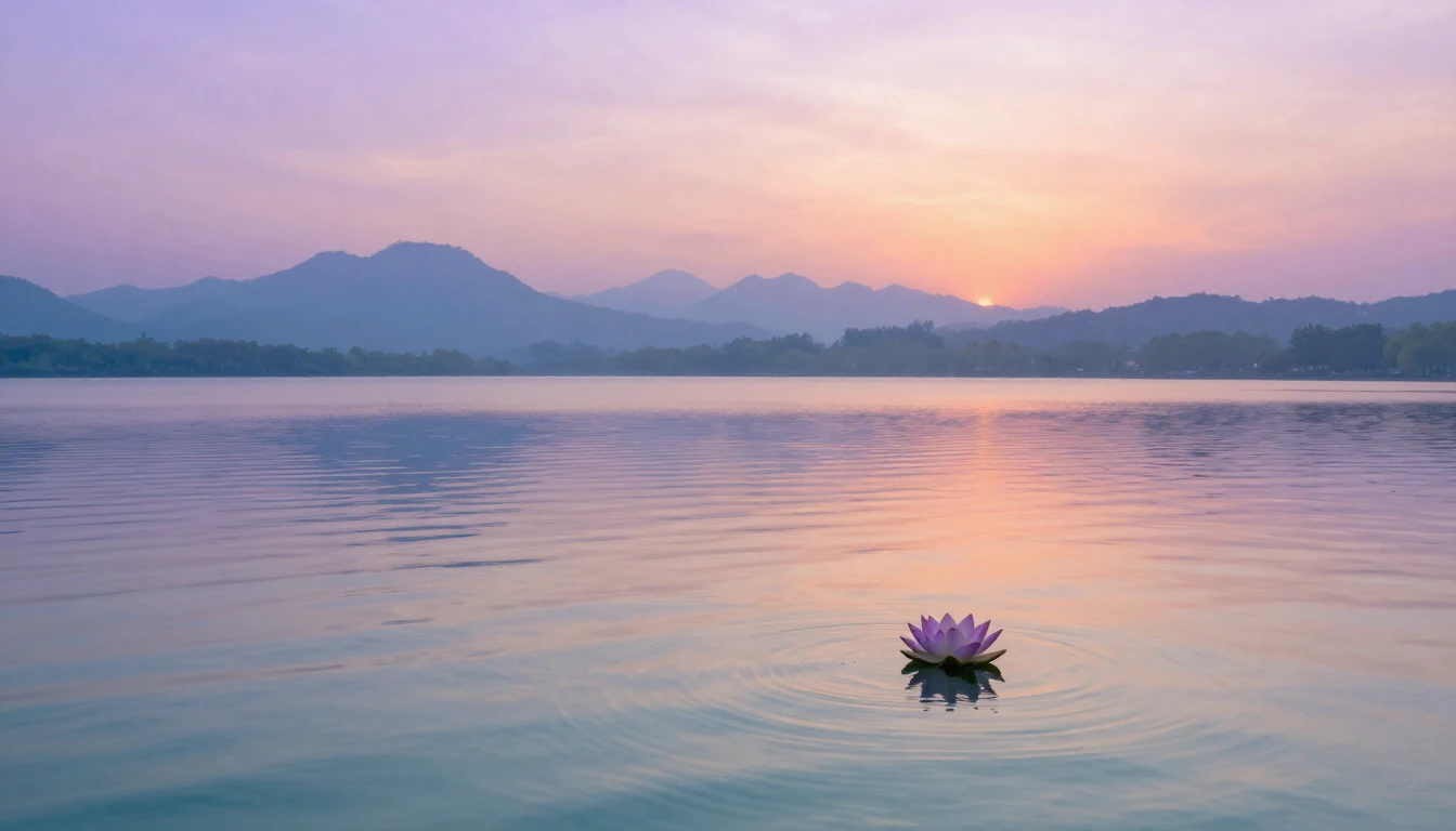 A serene landscape featuring a calm lake reflecting a soft s...