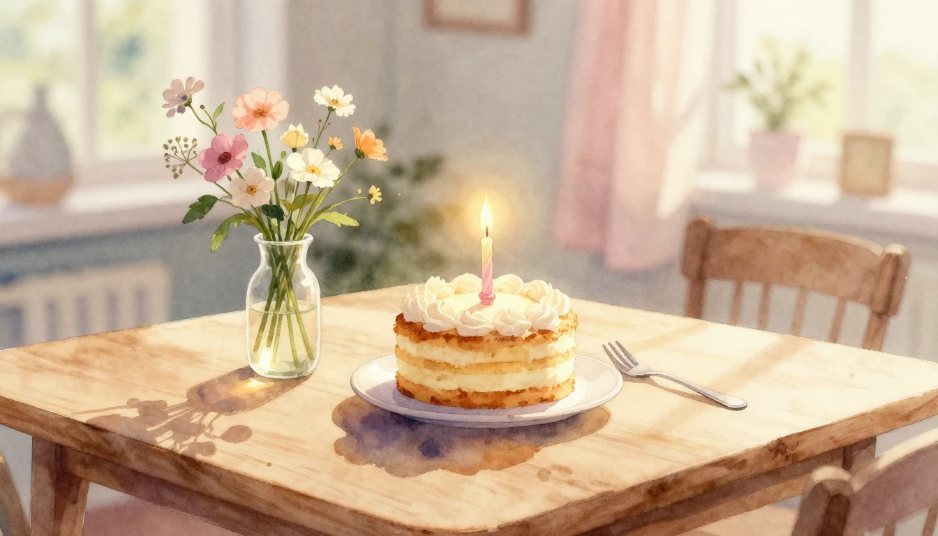 A soft watercolor painting of a cozy wooden table bathed in ...