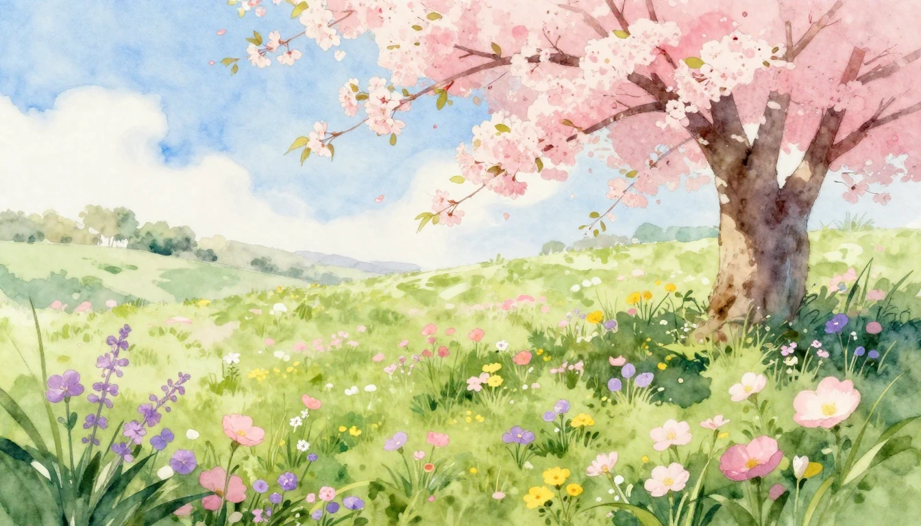 A beautiful watercolor painting of a lush spring meadow fill...