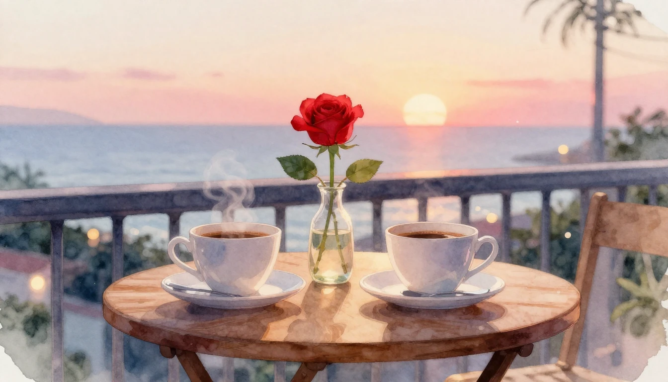 A romantic and intimate scene painted in soft watercolor. A ...