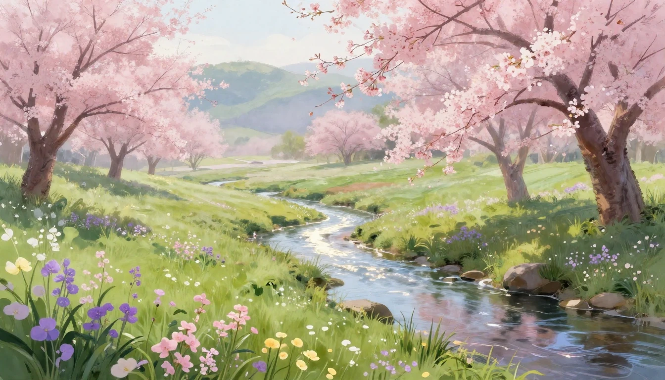A vibrant landscape showcasing the peak of spring. Delicate ...