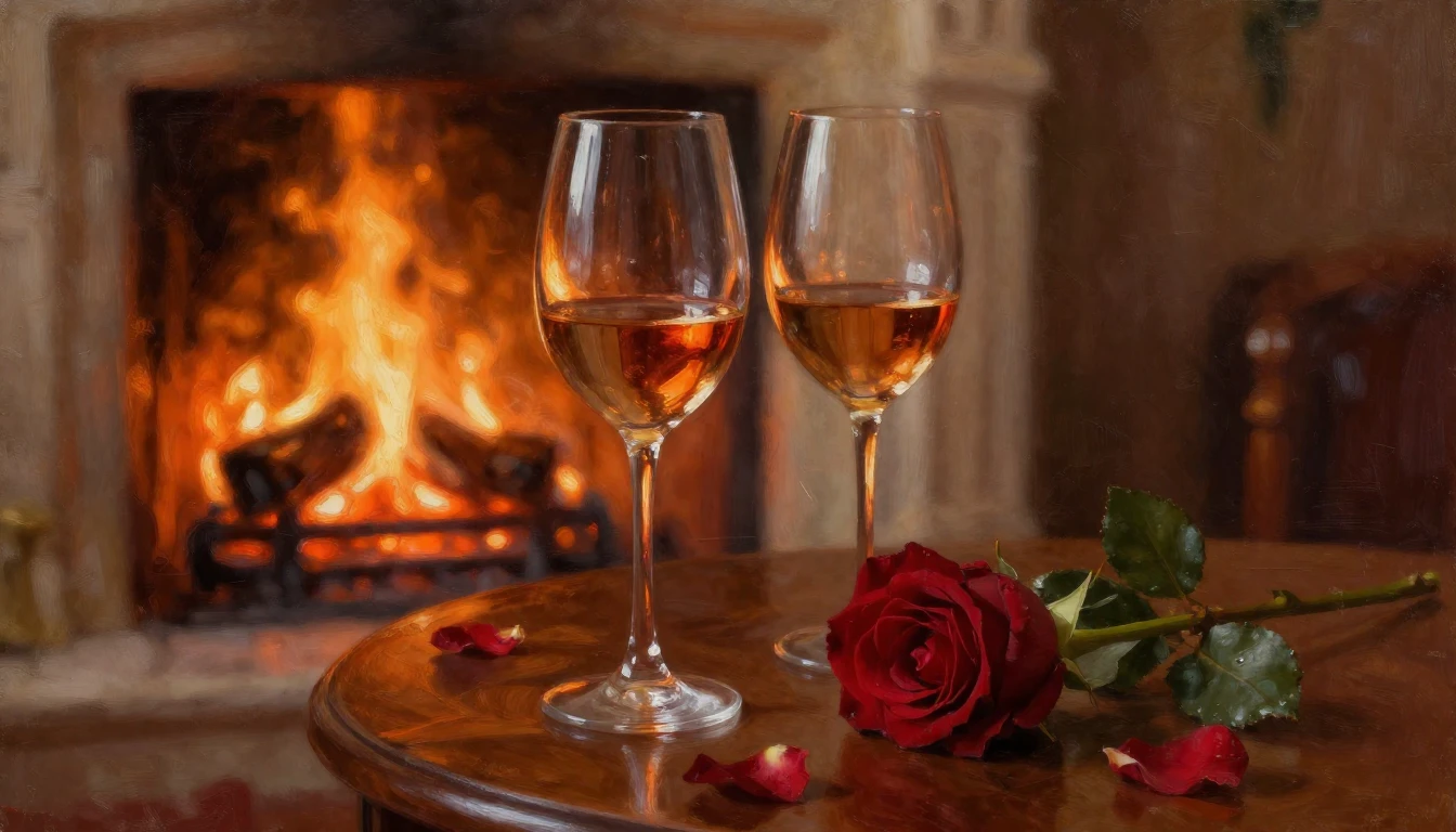 A lush oil painting of a romantic scene. Two elegant wine gl...