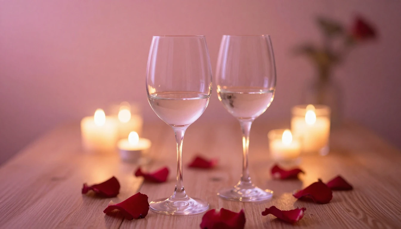 A dreamy and romantic scene featuring two elegant wine glass...