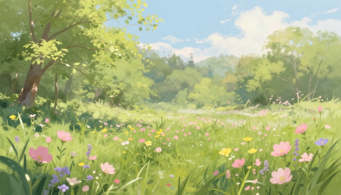 A serene spring landscape featuring a lush green meadow fill...