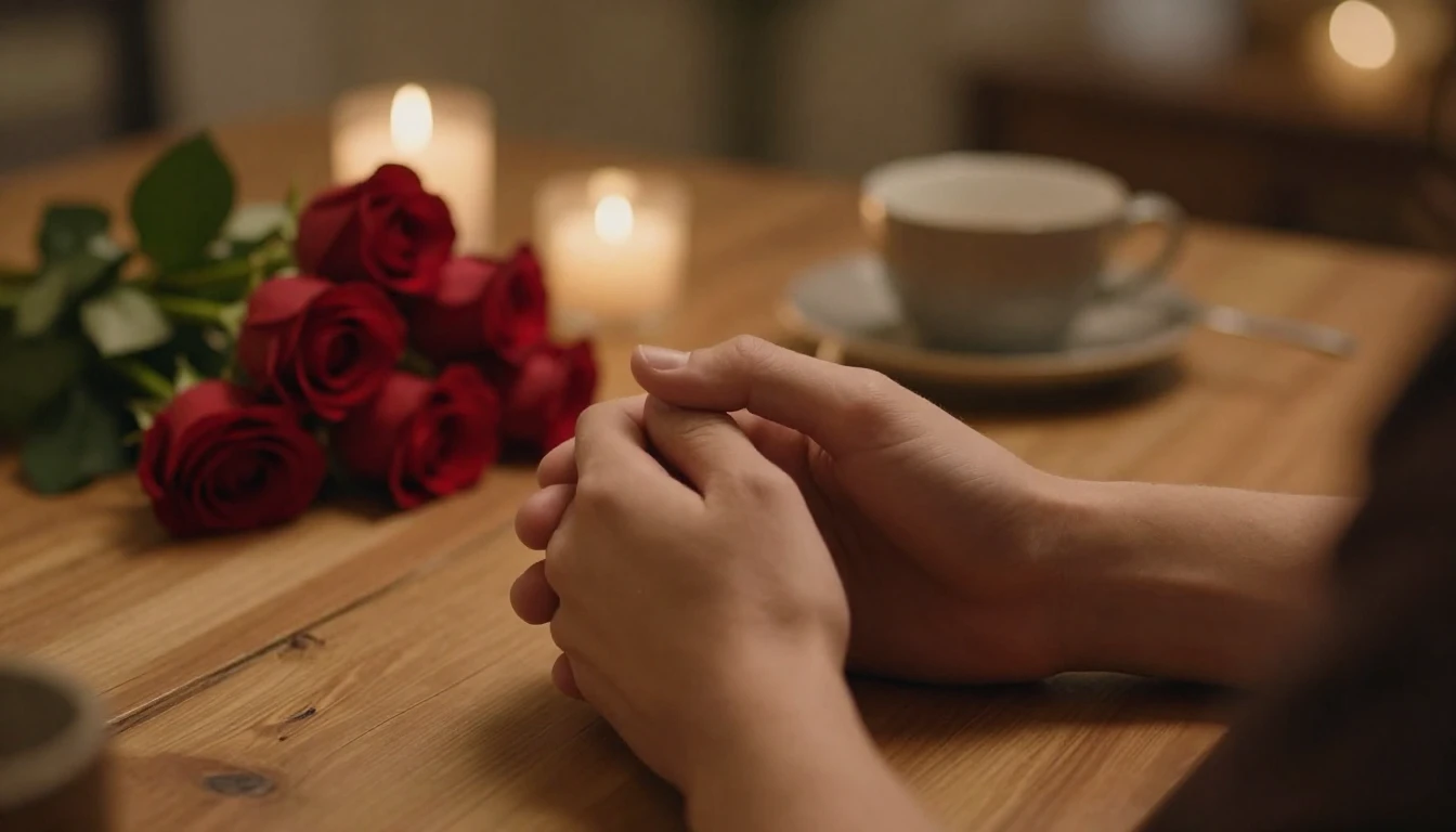 Cinematic close-up shot of a romantic Valentine's Day settin...