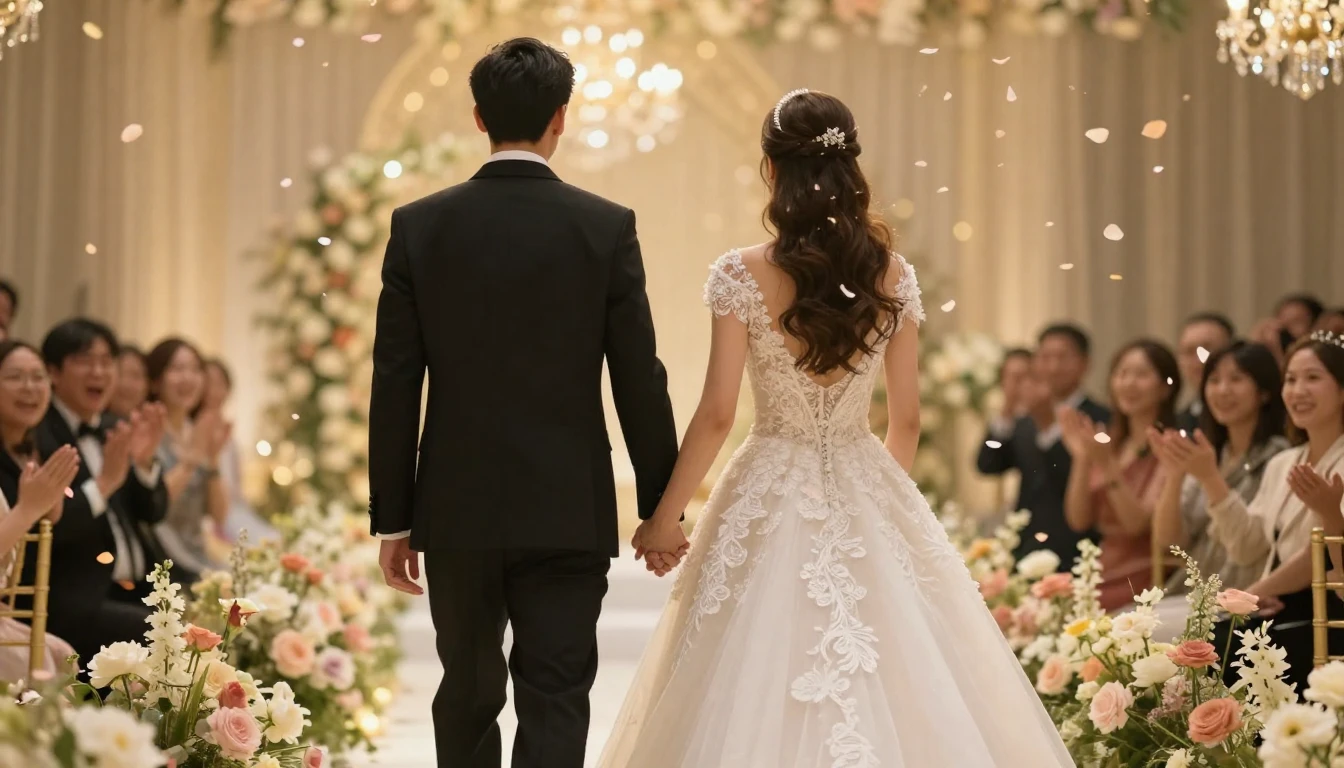 Cinematic shot of a wedding celebration, back view of a brid...