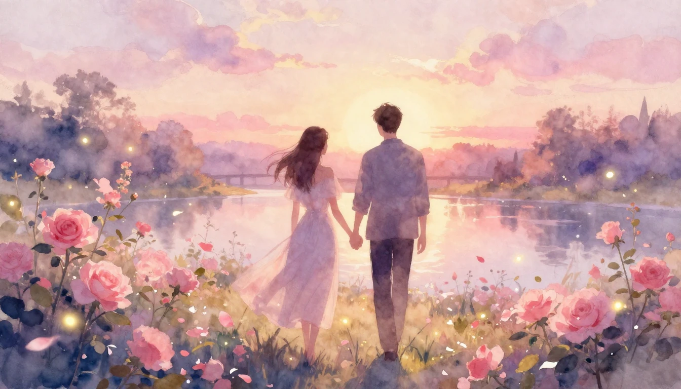 A soft and ethereal watercolor painting depicting two silhou...