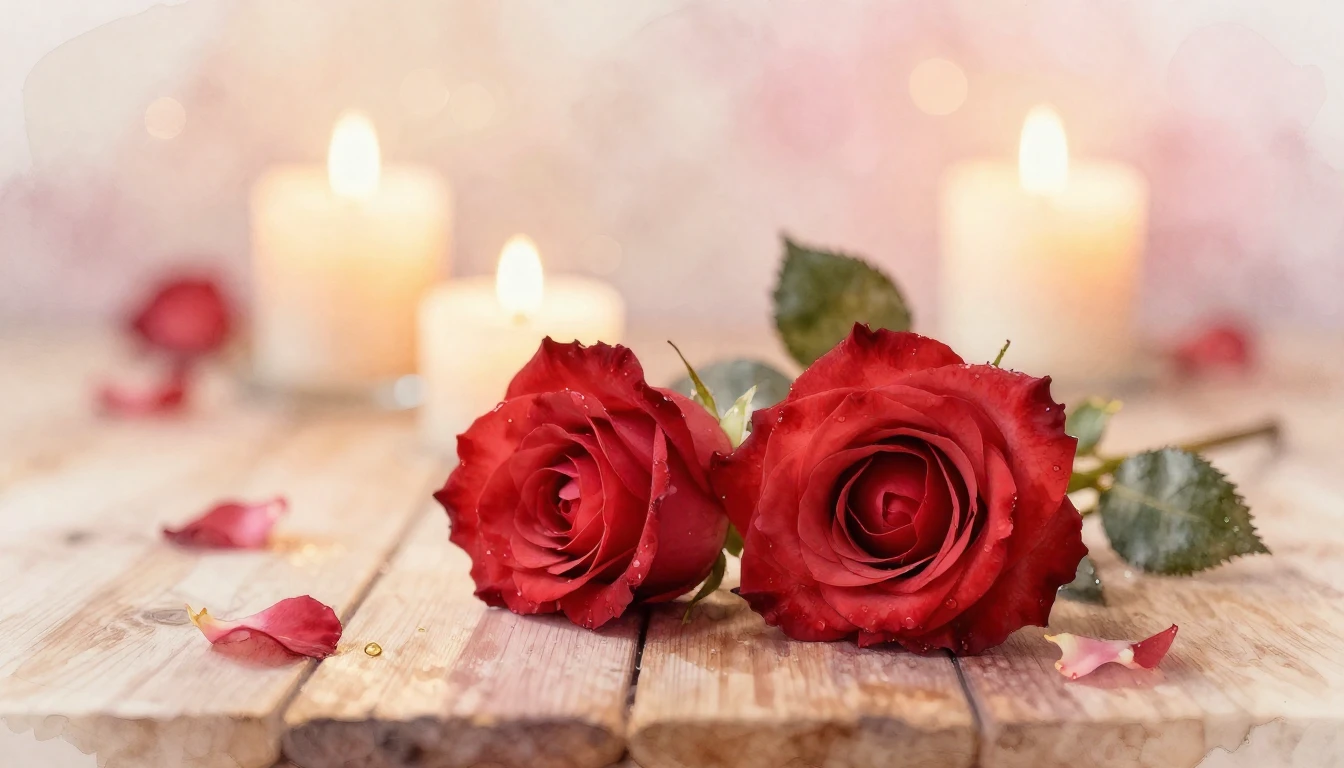 A soft watercolor painting of two delicate red roses intertw...