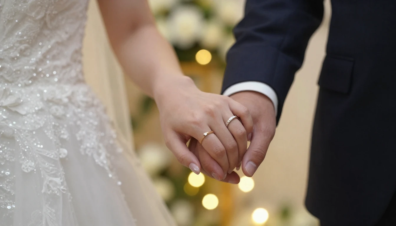 A romantic close-up shot of a bride and groom holding hands,...