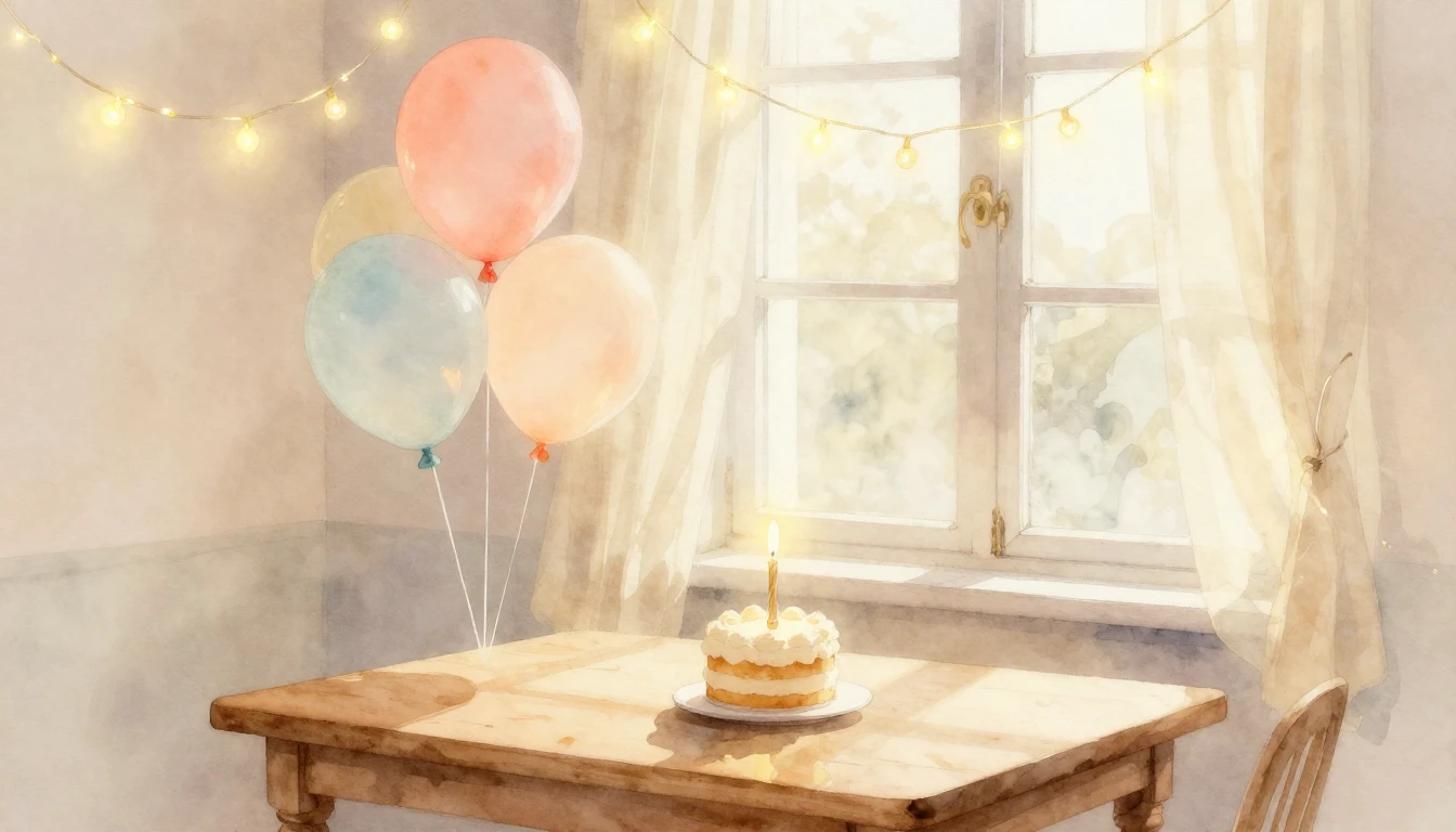 A soft watercolor painting of a cozy room decorated with del...