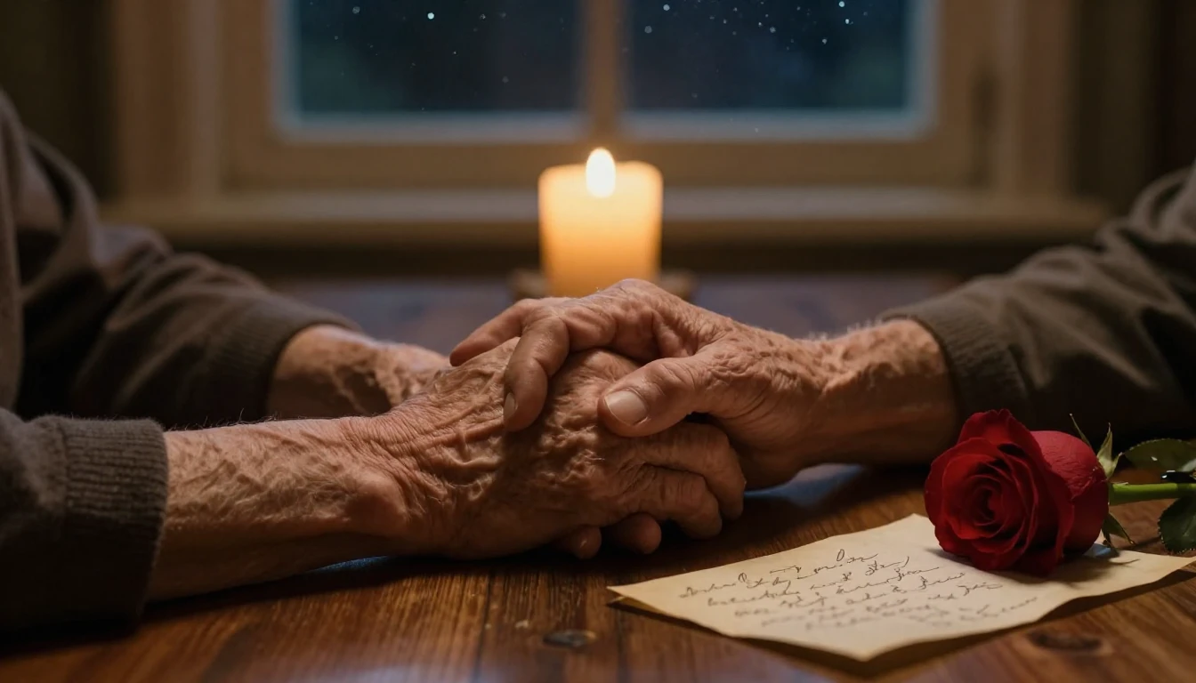 A cinematic close-up shot of two elderly hands holding each ...