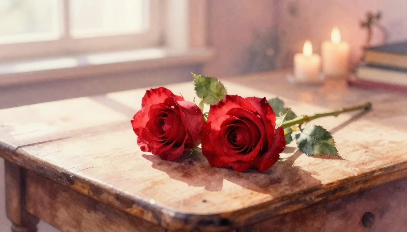 A delicate watercolor painting of two intertwined red roses ...