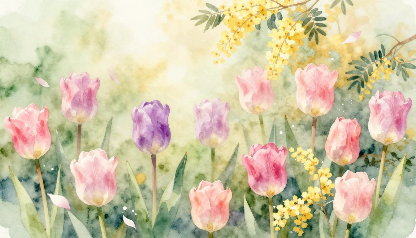 A delicate watercolor painting of a blooming spring garden. ...
