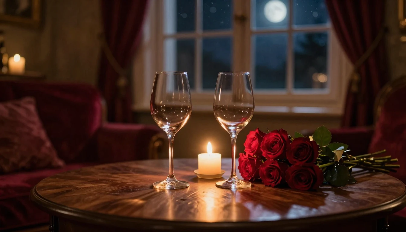 A cozy, dimly lit room during a romantic evening. Two elegan...