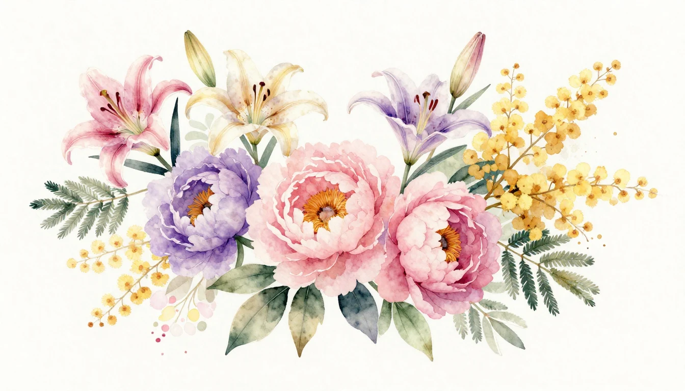 A beautiful and delicate watercolor painting featuring a var...