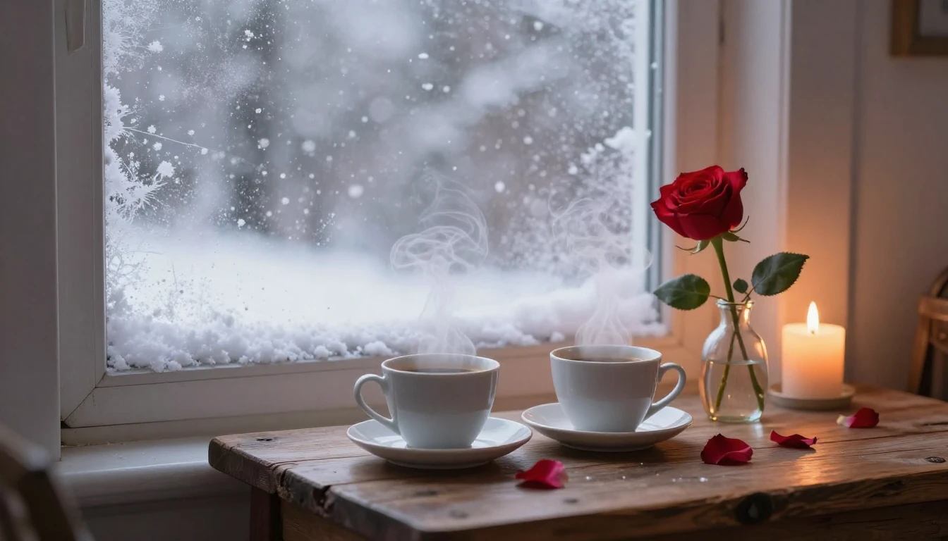 A romantic and cozy scene next to a frosted window with a vi...