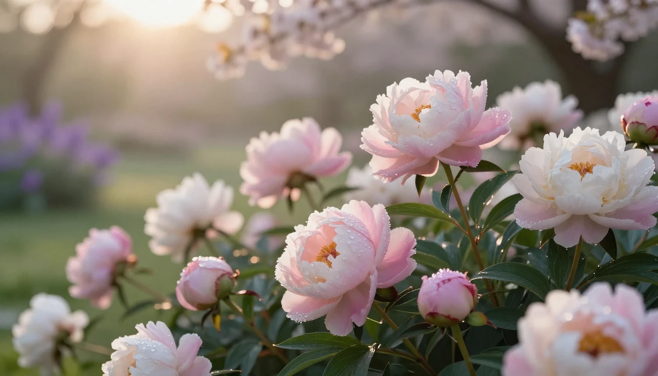 A breathtaking scene of a lush spring garden at sunrise. Sof...