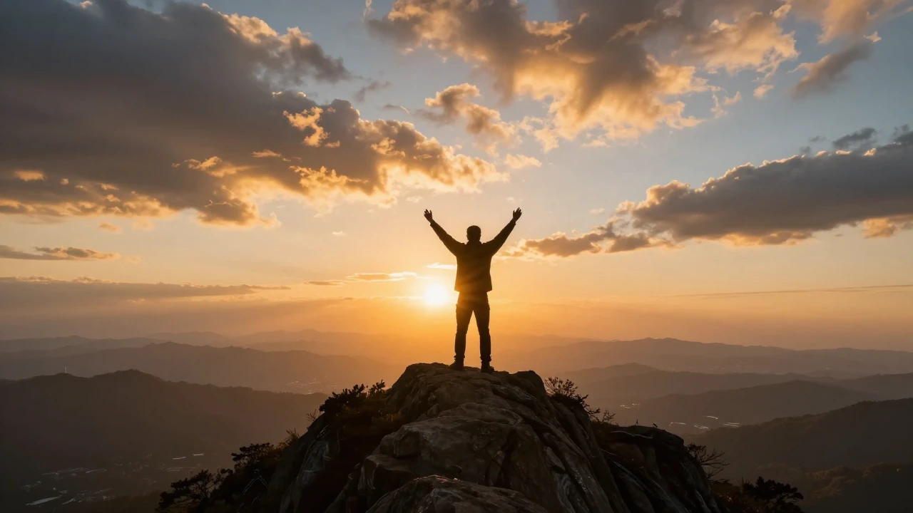 A triumphant silhouette of a person standing on the peak of ...