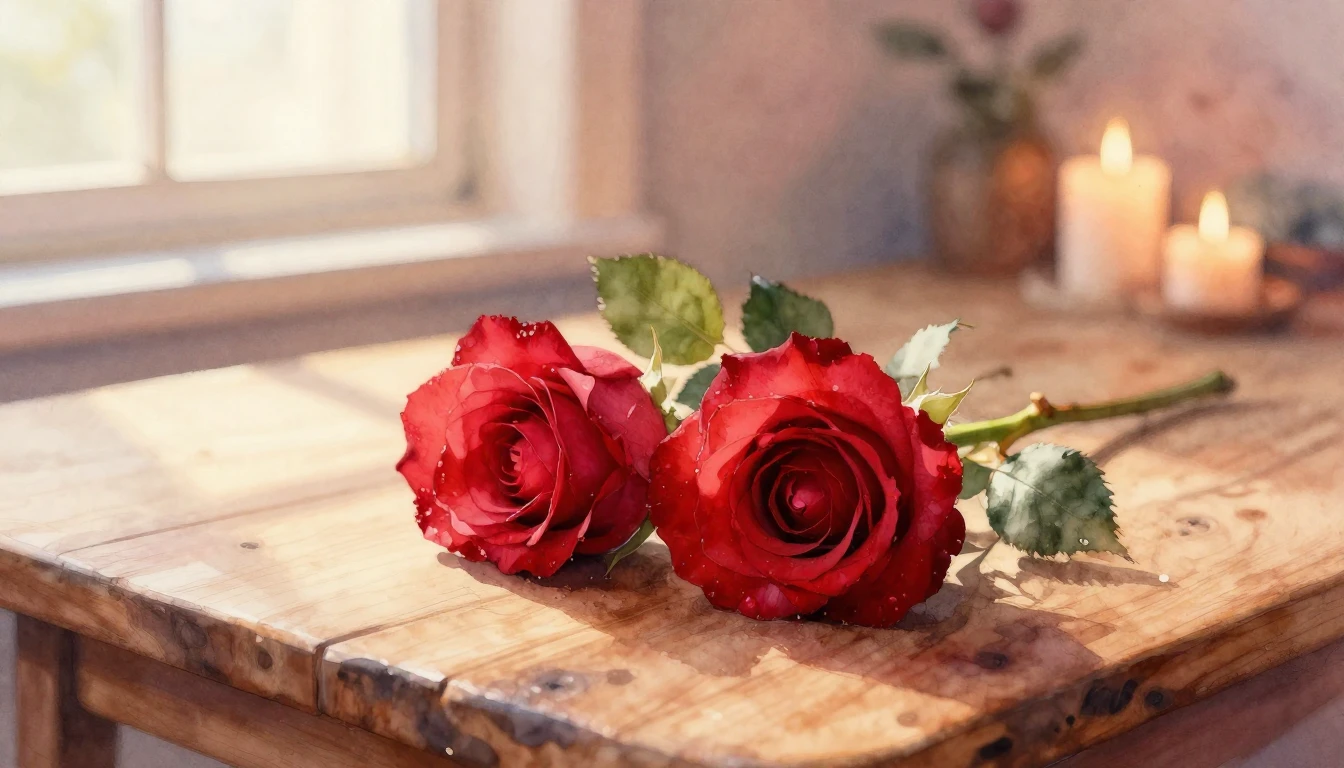 A beautiful watercolor painting of two delicate red roses in...