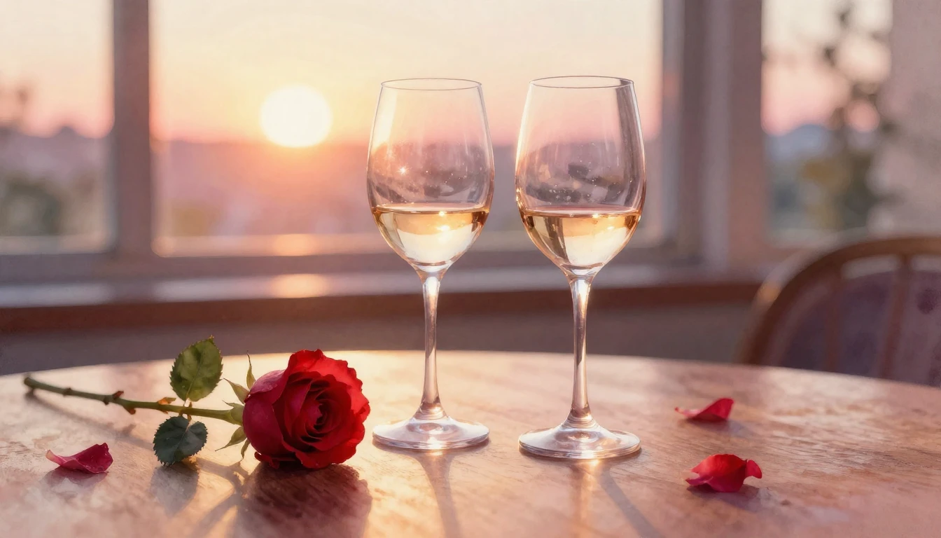 A soft watercolor painting of two elegant wine glasses sitti...