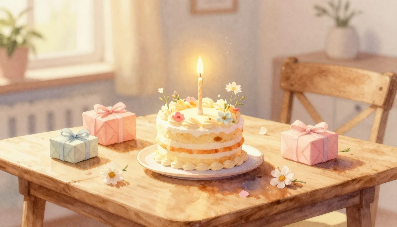 A soft and dreamy watercolor painting of a cozy wooden table...