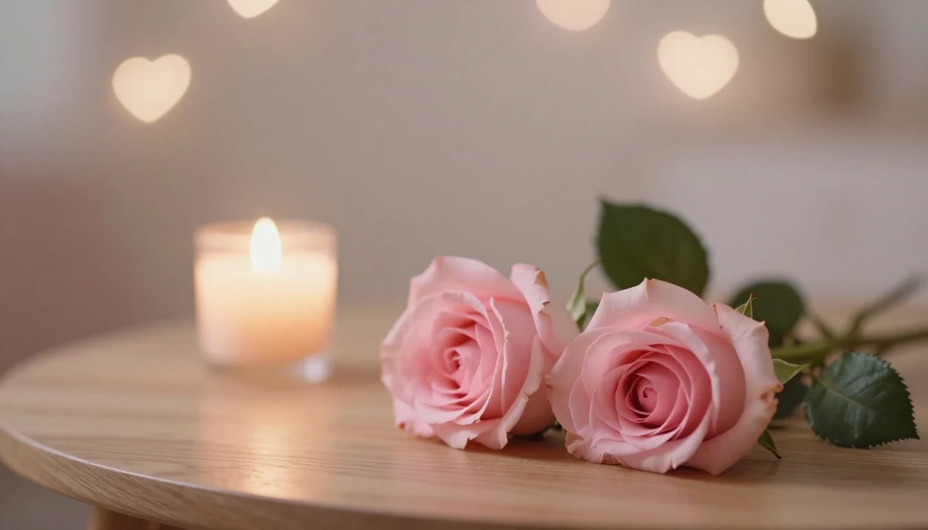 A dreamy and romantic scene featuring two delicate pink rose...