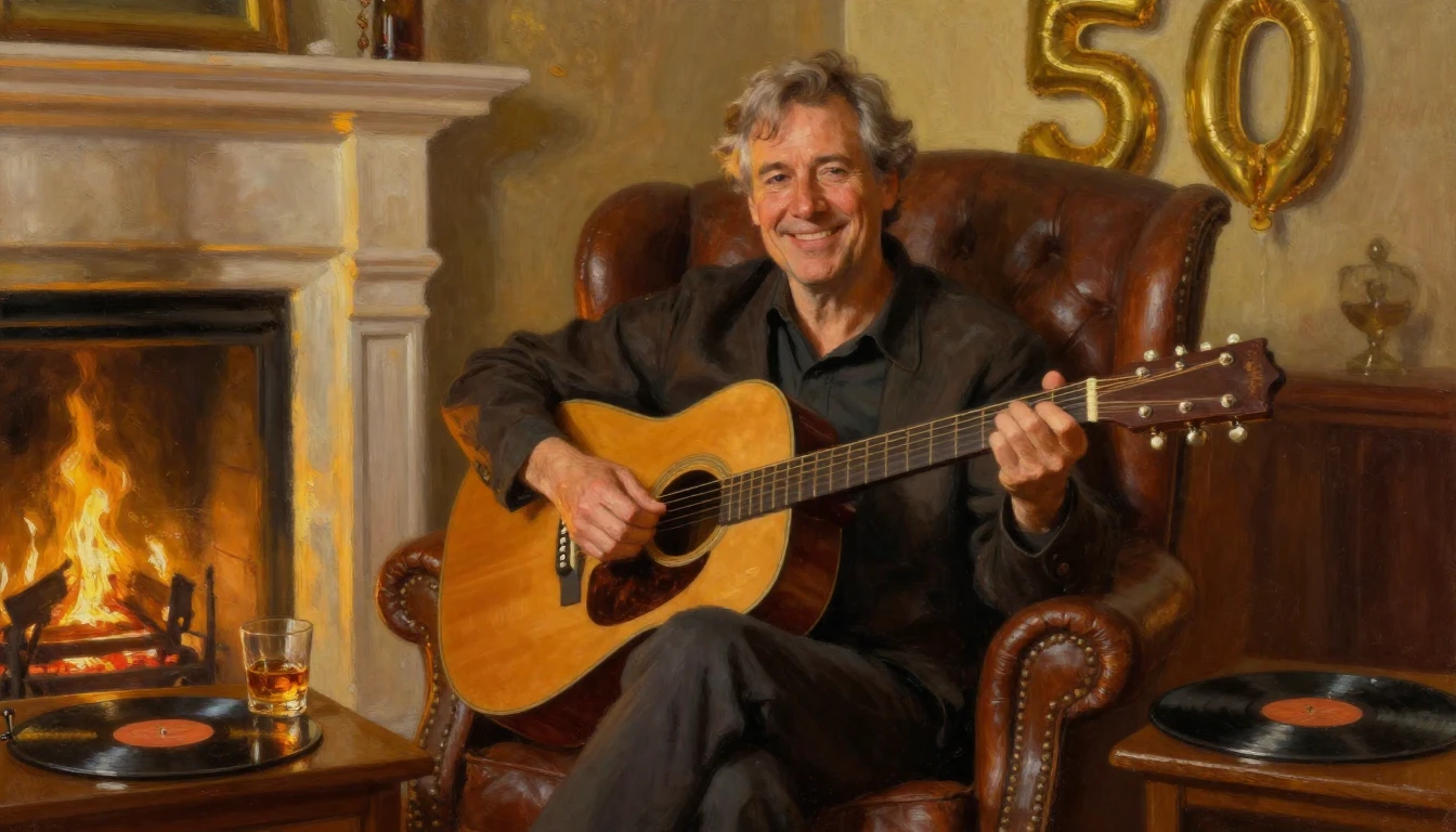 A warm, nostalgic oil painting of a smiling middle-aged man ...