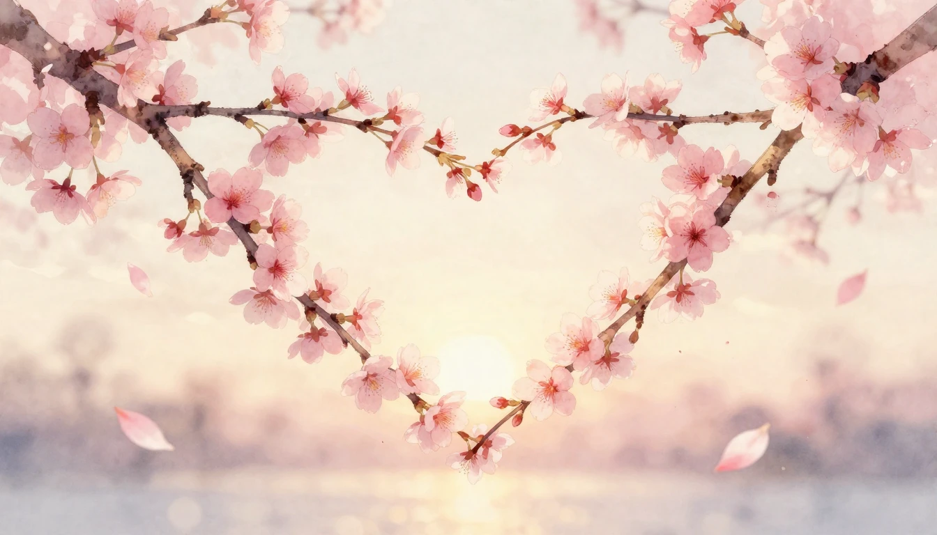 A delicate watercolor painting of two intertwined cherry blo...