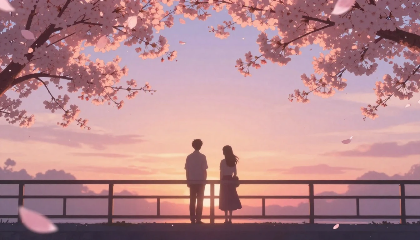 A dreamy and romantic scene featuring two silhouettes of lov...
