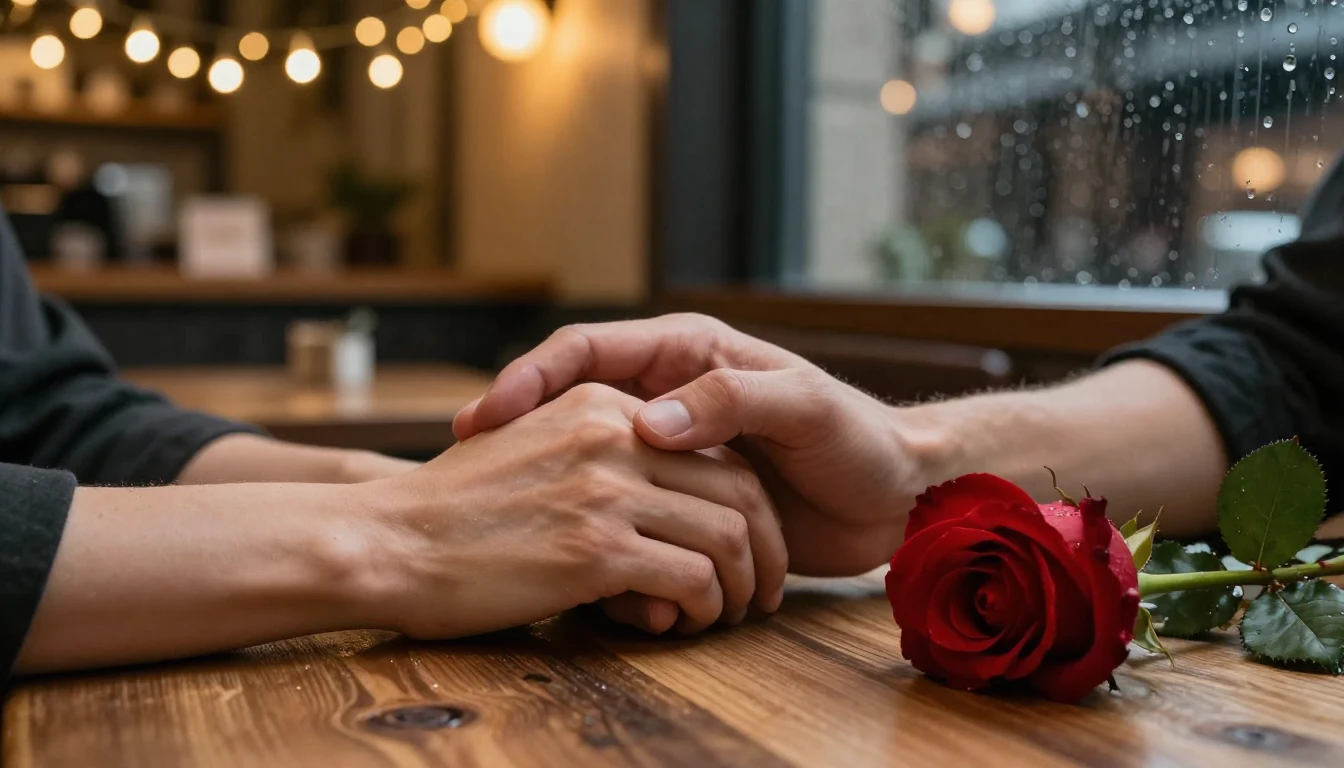 A cinematic close-up shot of two hands holding each other ge...