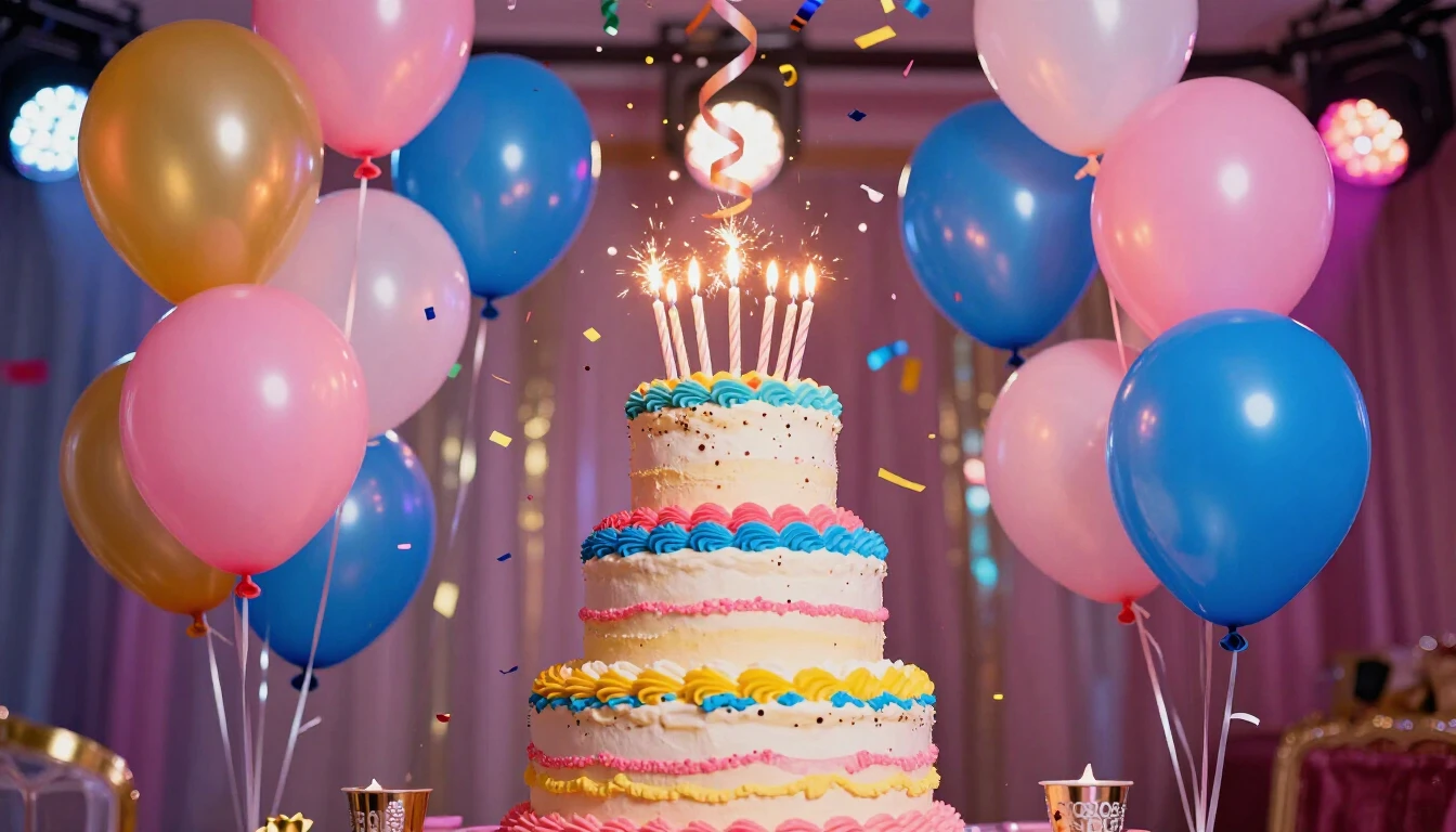 A vibrant and colorful birthday celebration scene. In the ce...
