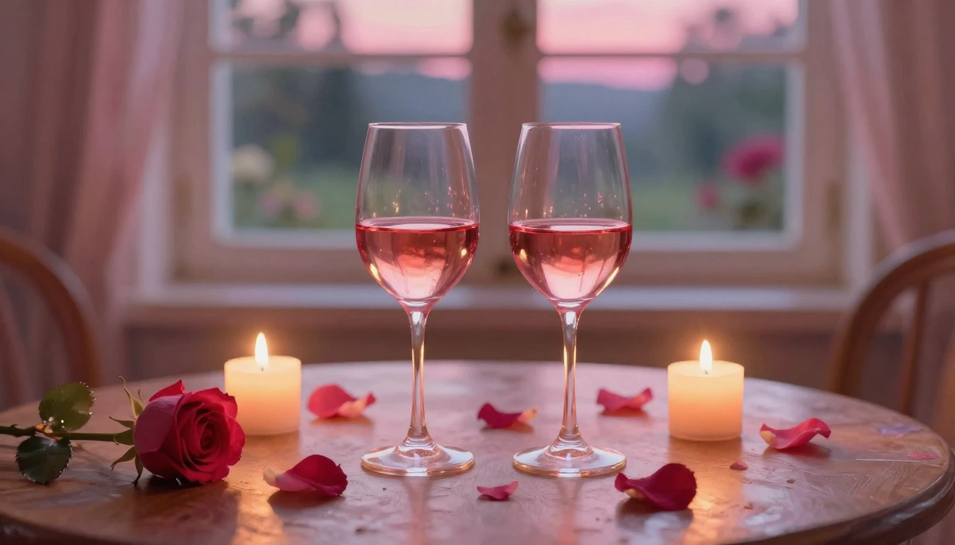A dreamy and romantic scene featuring two elegant wine glass...