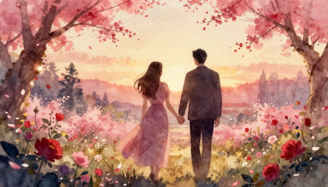 A dreamy and ethereal watercolor painting of two silhouettes...