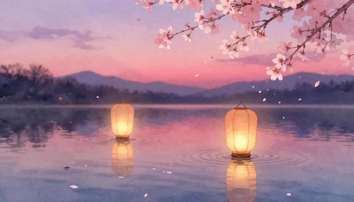 A delicate watercolor painting of two glowing lanterns float...