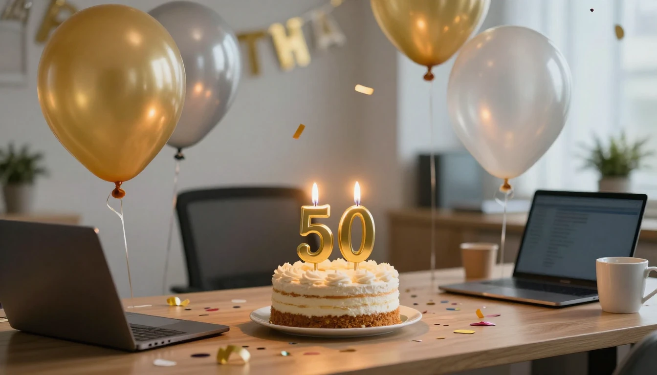A festive office desk celebration scene for a 50th birthday,...