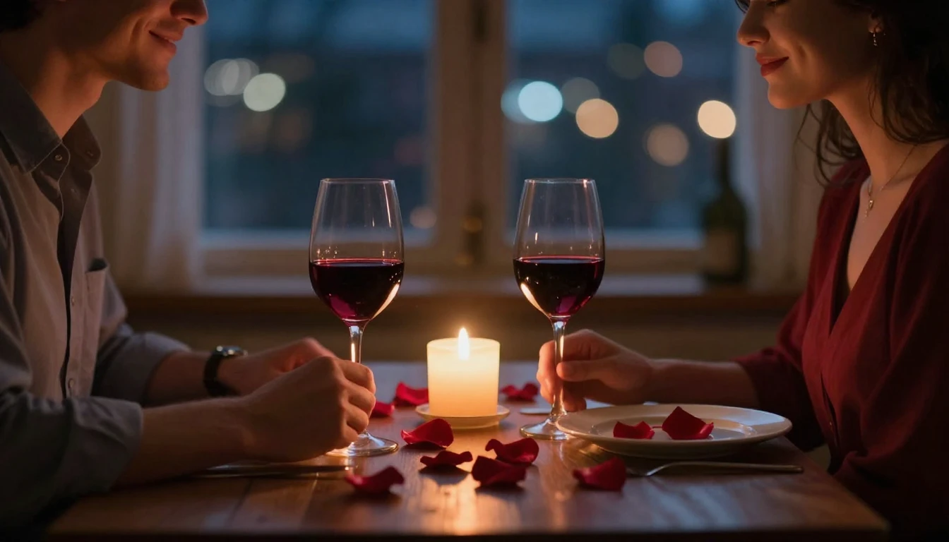 A romantic and intimate scene featuring a cozy dinner settin...