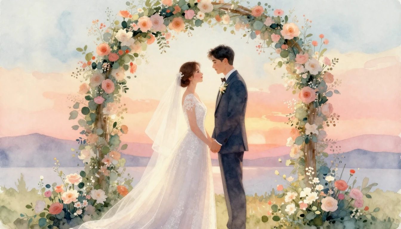 A romantic soft watercolor painting of a bride and groom sta...