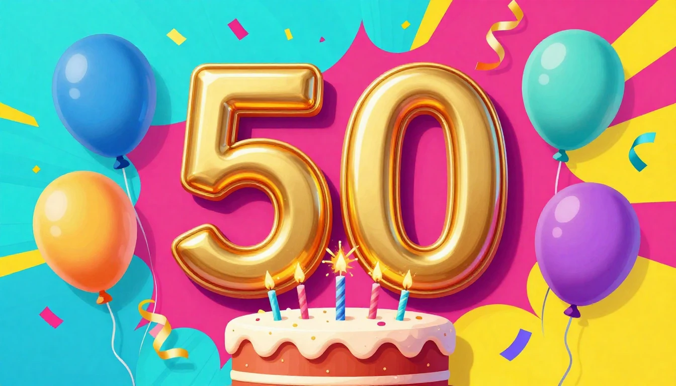 A vibrant and energetic party scene celebrating a 50th birth...