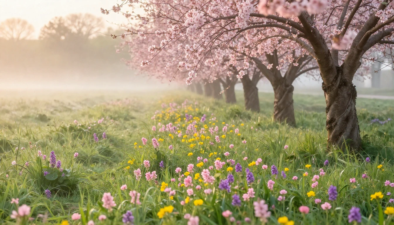 An ethereal spring landscape at sunrise, featuring a vibrant...