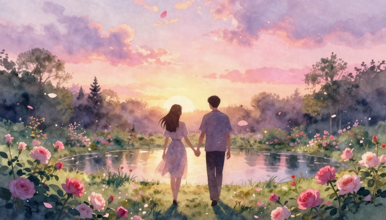 A dreamlike watercolor painting of two silhouettes walking h...