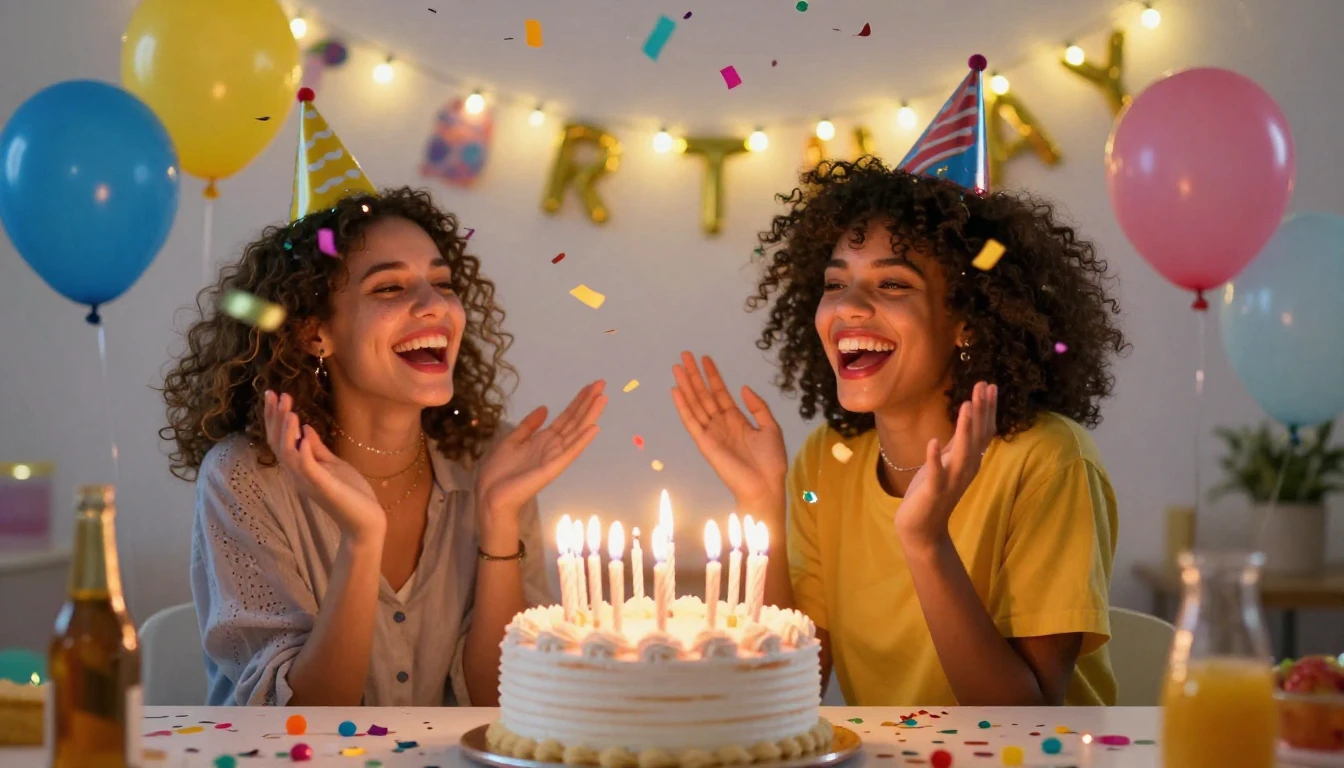 A vibrant and joyful birthday celebration scene. A beautiful...