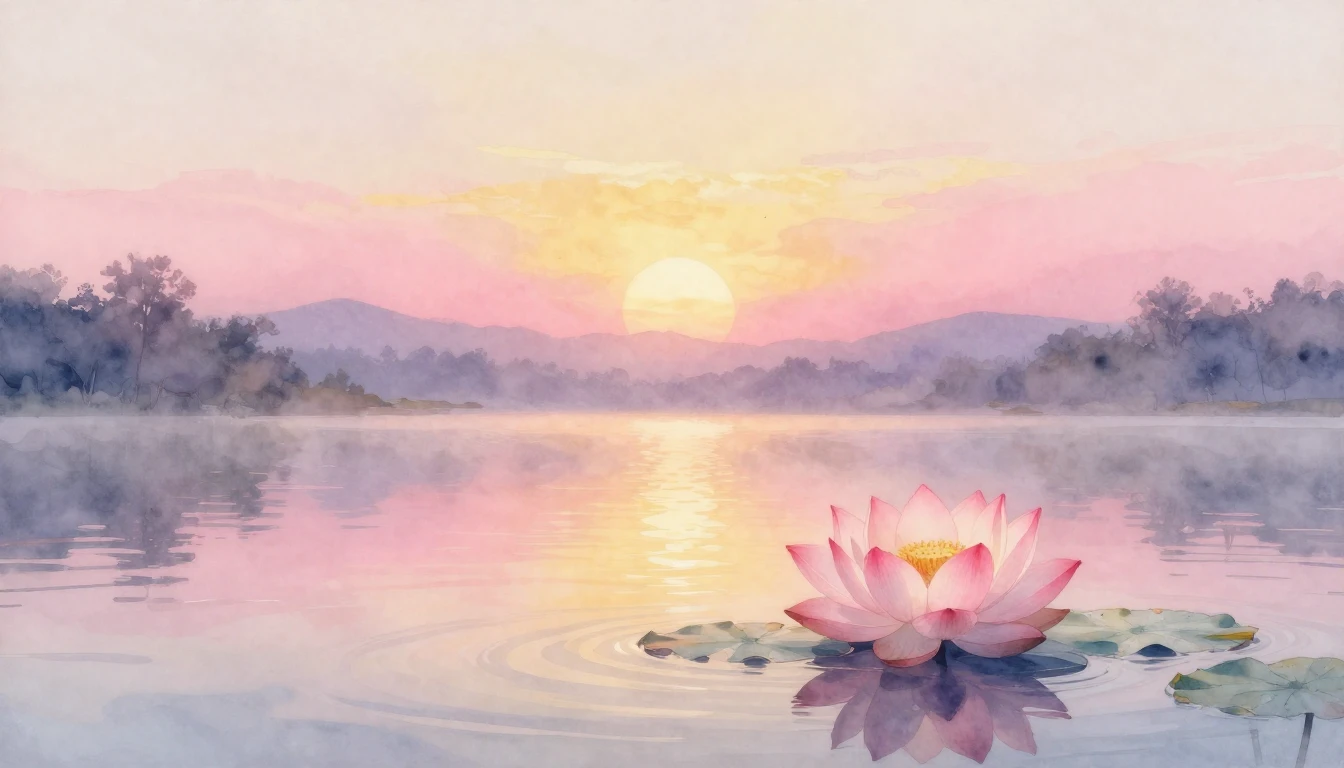 A soft watercolor painting of a single blooming lotus flower...