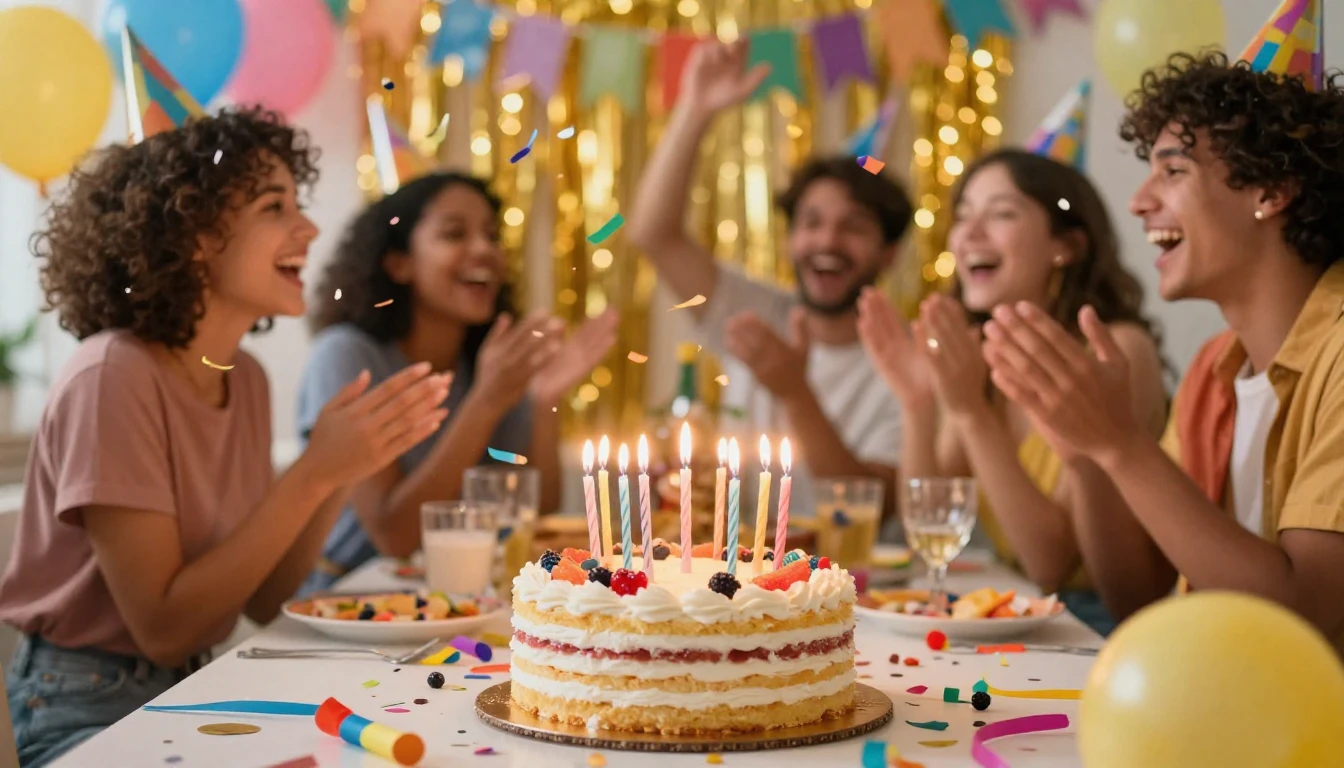 A vibrant and festive birthday celebration scene. A deliciou...